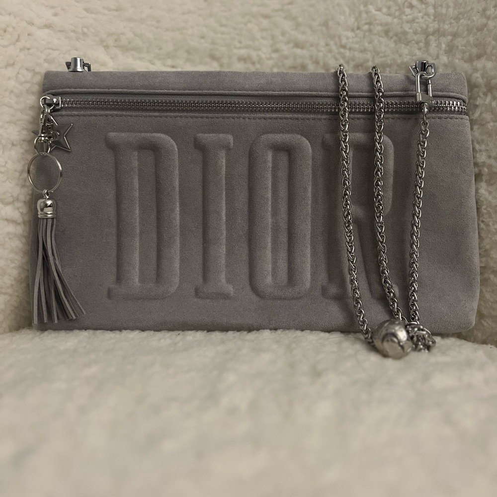 Dior Gray Suede Cosmetic Pouch Upcycled with Chain and Tassel